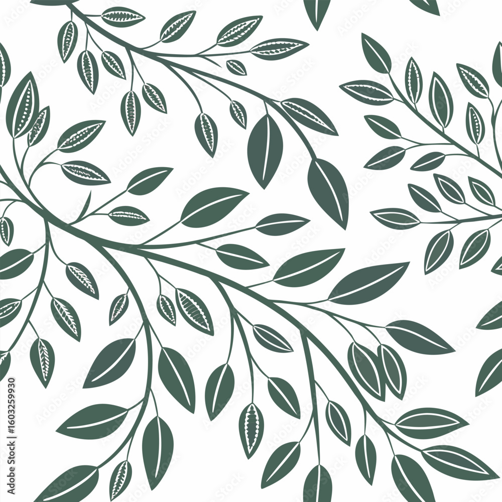 Fototapeta premium Minimalist botanical seamless pattern with dark green leaves and branches on a clean white background decorative design