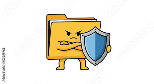 A cartoon folder character with a stern expression holding a shield, representing the concept of data protection, cybersecurity, and secure file storage.