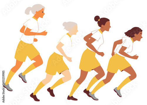 Illustration of diverse women running together in a marathon or sport event in a modern flat design style