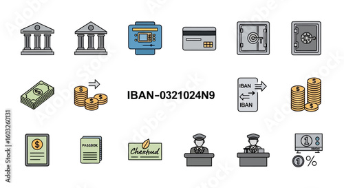 Set of color line icons for banking and finance. Vector symbols for money, payment, credit card, and financial services.