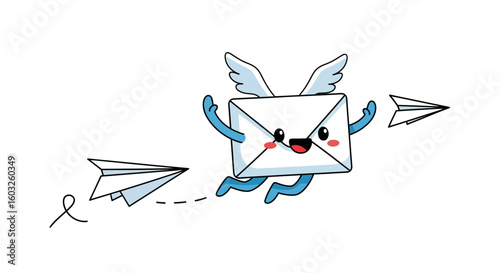 Cute cartoon envelope character with wings flying happily. Concept for fast email, mail delivery, and communication, accompanied by paper airplanes.
