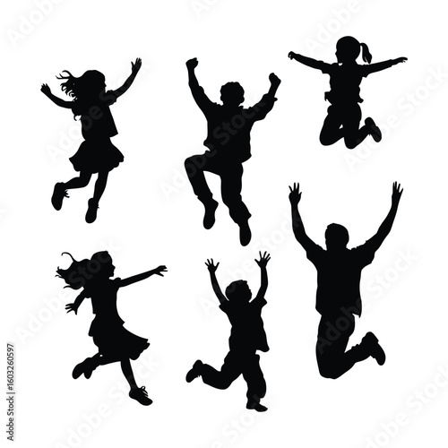 Jumping Children Silhouette Vector. Happy Kids Playing and Having Fun
