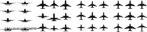 Jet and Airplane Silhouettes Collection. Black Vector Icons in Front and Aerial Views