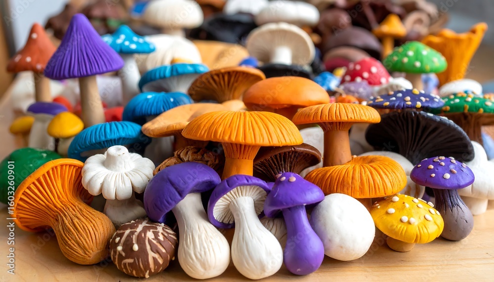 Naklejka premium Colorful clay mushrooms arranged on a light-colored surface