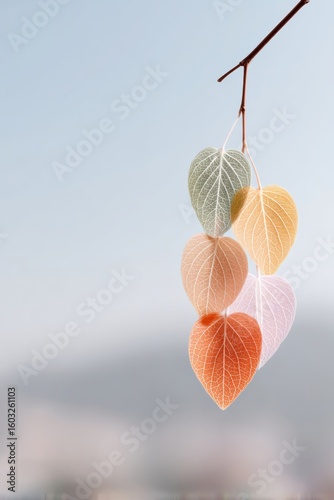 Displaying colorful heart shaped leaves on a branch minimalism