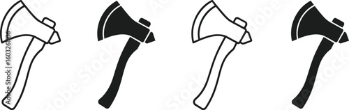 Axe icon set, black and white hatchet vector illustrations, chopping tool graphic, lumberjack axe design, camping equipment symbol, survival gear, minimal outline style
