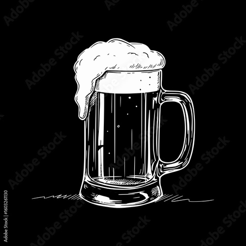 Vector illustration of a beer mug with foam, isolated vector image on black background, chalk drawing
