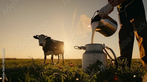 Pouring fresh milk into a can with a cow in the background at sunset
