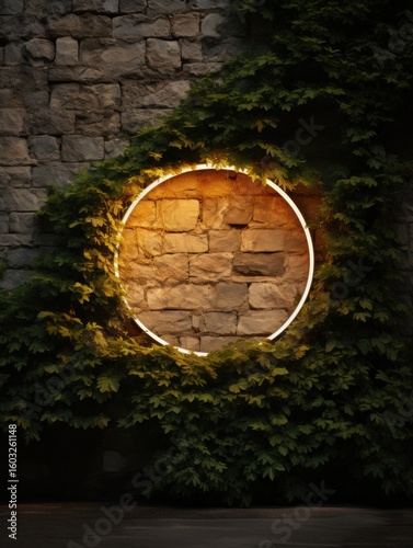 Glowing Neon Circle Frames Stone Wall With Greenery