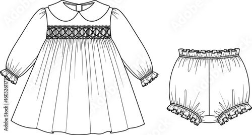 CAD Drawing Flat Vector Illustration – Baby Girl Smocked Dress and Bloomer Set – Garments Dress, Garments Cloth

