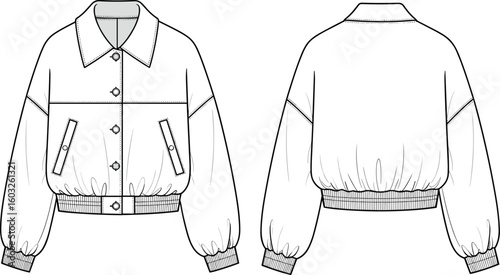 CAD Drawing Flat Vector Illustration – Women’s Bomber Jacket – Garments Dress, Garments Cloth – Front and Back Technical Sketch