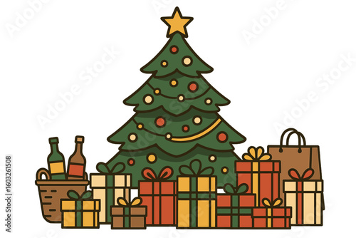 A Christmas market banner featuring holiday decorations shaped like a Christmas tree invites celebration with family and embodies the festive spirit and miracle of Christmas