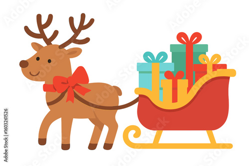 Isolated on a light yellow background is a vector image of Santa on his sleigh with Christmas presents and his flying reindeers