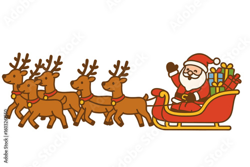 Vector illustration in flat style of Santa Claus on his sleigh with reindeers for a Christmas card