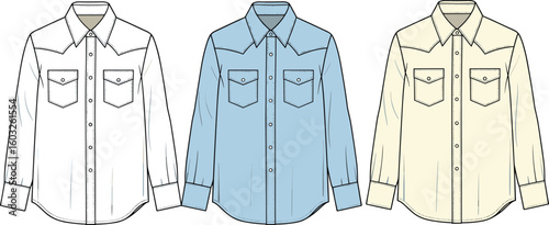 CAD Drawing Flat Vector Illustration – Women’s Western Shirt Design – Garments Dress, Garments Cloth – Front View Color Variations