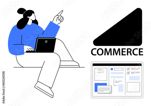 Confident woman using laptop, triangular logo with commerce text, e-commerce dashboard interface. Ideal for business, online marketing, entrepreneurship, strategy, digital tools, e-commerce simple