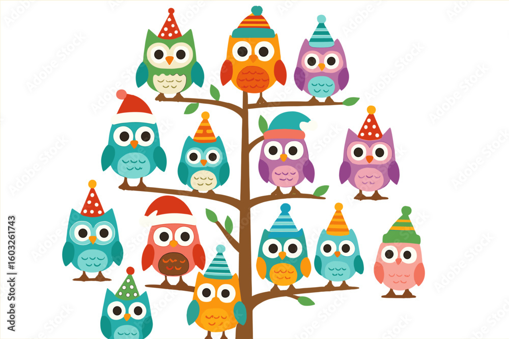 Fototapeta premium Illustrated Gathering of Festive Seasonal Owls and Foliage