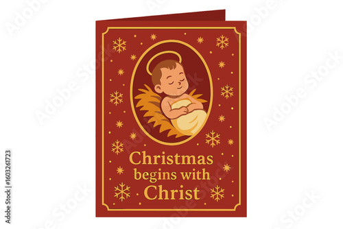 Vector design of a Christmas greeting card featuring the nativity scene with Mary and Joseph in a manger with baby Jesus, framed in a rectangular curve shape with a gold line on a red background and
