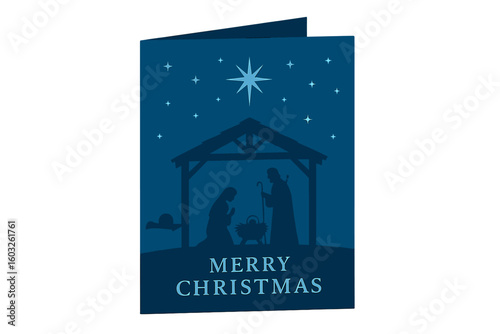 Merry Christmas - the savior is born with nightly Christmas scenery featuring Mary and Joseph in a manger with baby Jesus in a vector design