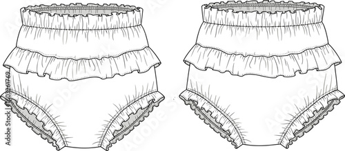 Ruffled baby bloomers flat sketch, vector CAD drawing for infant clothing design, stylish babywear garment template, kids fashion illustration.