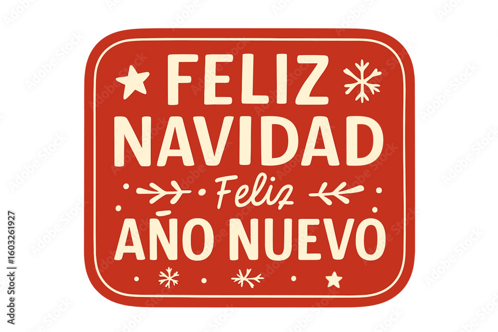 Tarjeta o pancarta de Feliz Navidad y Feliz Año Nuevo con copos de nieve, estrellas y brillo rojo sobre fondo blanco
