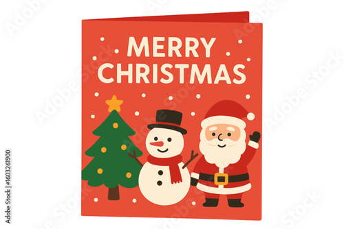 Tarjeta/poster de felices fiestas navideñas con símbolos festivos sobre fondo rojo