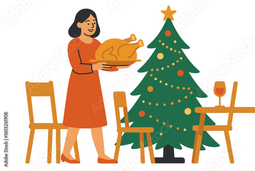 Cartoon vector illustration of a family Christmas dinner with happy people celebrating the holiday, featuring a father and daughter at the table, a mother carrying a tray with turkey, and a decorated