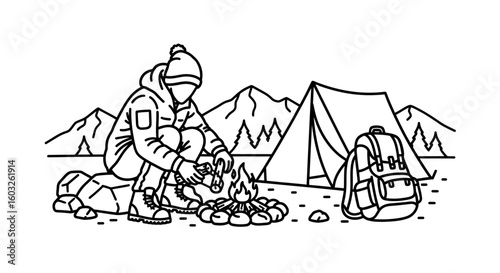Cozy Camping Scene A Hiker by the Campfire in Mountainous Landscape