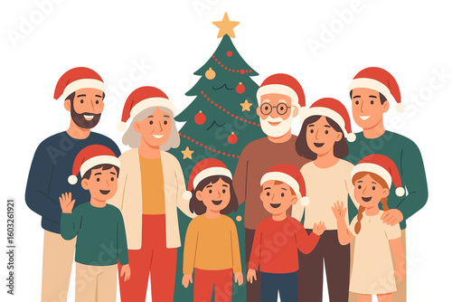 A big happy family is decorating the Christmas tree in a vector illustration