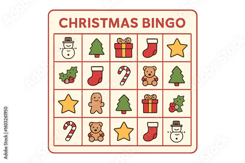 A set of Vector Christmas bingo cards featuring cute Santa Claus, Christmas tree, and snowman, ideal for a fun family lotto board game, holiday winter party lottery activity, and simple educational
