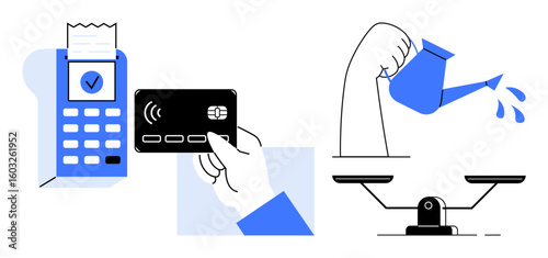 Payment terminal with contactless card, watering can with hand nurturing growth, balanced scale representing fairness. Ideal for finance, savings, investment, equality, growth, fintech digital