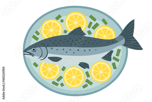 Vector illustration of Christmas fried carp served with lemon, isolated on a background