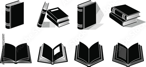 Vector book icons, black and white book illustrations, closed and open books, library education symbol, reading materials, stacked books, graphic design, minimal concept