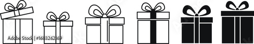 Vector gift boxes, present icons, black and white design, surprise packaging, festive ribbon wrap, birthday or holiday celebration, minimal style, decorative elements, graphic illustration
