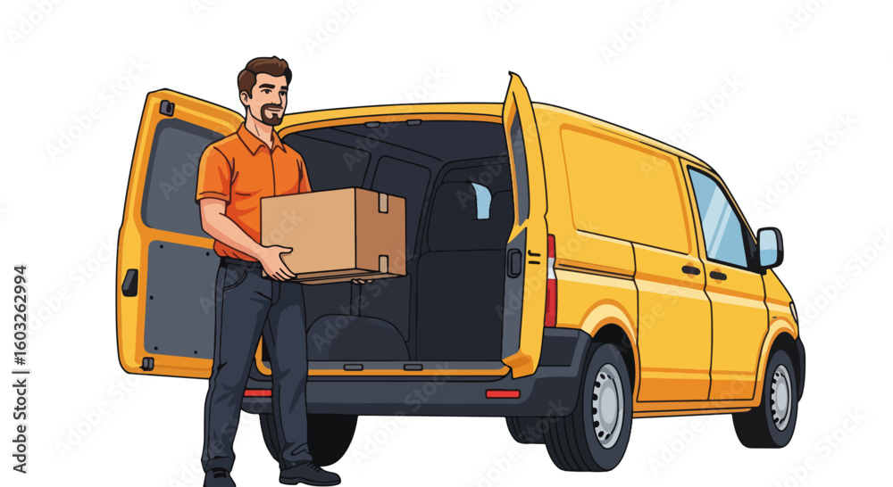 Delivery service features courier with cardboard box, standing by open van. Delivery service, professional worker holds carton. Illustration delivery service ideal for business, logistics, Delivery service features courier with cardboard box, standing by open van. Delivery service, professional worker holds carton. Illustration delivery service ideal for business, logistics,