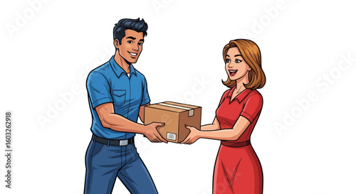 Delivery service in action, with a smiling courier passing package to woman in red dress. Fast delivery service ensures prompt arrival, building trust with every exchange,