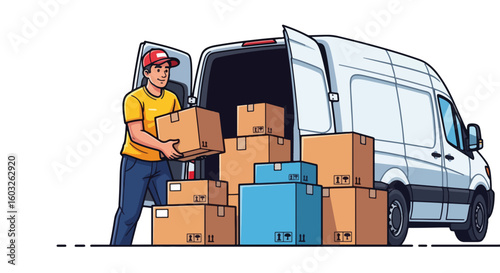 Delivery service is presented by man unloading brown cardboard boxes from white van. Delivery service includes many parcels for customers needing fast shipping and distribution, handled with care.