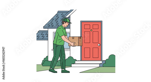 Delivery service man with cardboard box at door represents efficient delivery. Delivery service to home and prompt delivery of package by courier highlights convenience and ease.