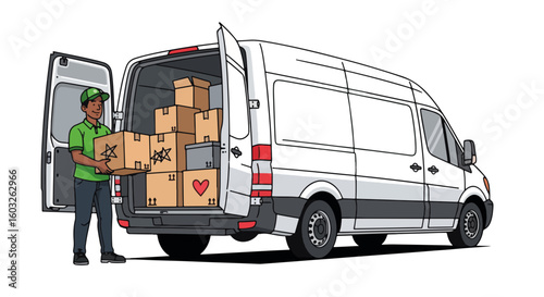 Delivery service with worker unloading cardboard boxes from truck for fast transportation. Delivery service of products in boxes for modern supply chain logistics.