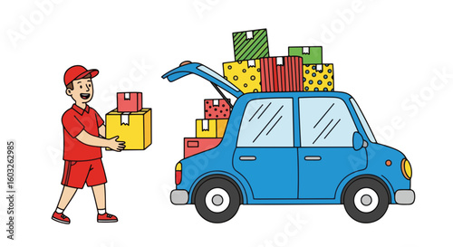 Delivery service with man carrying boxes near car loaded with packages, preparing for transport. Delivery service includes efficient loading of various colored parcels into open car trunk,