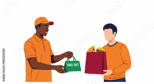 Fast food delivery by courier in uniform, with pizza and burger in paper bag. Enjoy food delivery during quarantine and self isolation. This food delivery can be used for website banner.