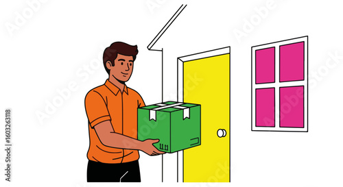 Delivery service with green package near door. Delivery service ensures safe and timely delivery of goods. Concept delivery service for online orders and e-commerce,