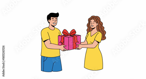Gift delivery with man and woman handing over a present, nicely wrapped with pink paper and ribbon. Gift delivery arrangement includes smiling courier giving gift.
