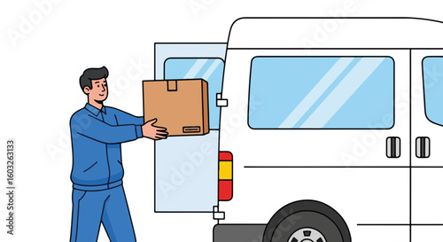 Delivery service with man carrying cardboard box to open van, ready for shipping. Delivery service includes safe and rapid transportation, order fulfillment, and customer satisfaction,
