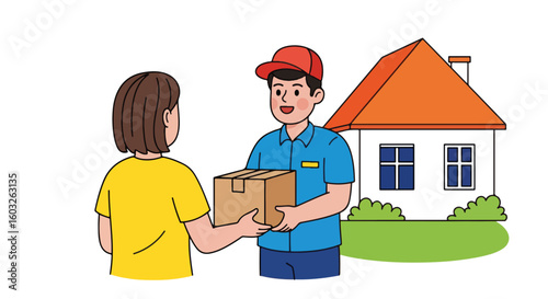 Delivery service with courier handing package to woman near house. Fast delivery ensuring safe package transport. Convenient delivery solution for modern lifestyles.