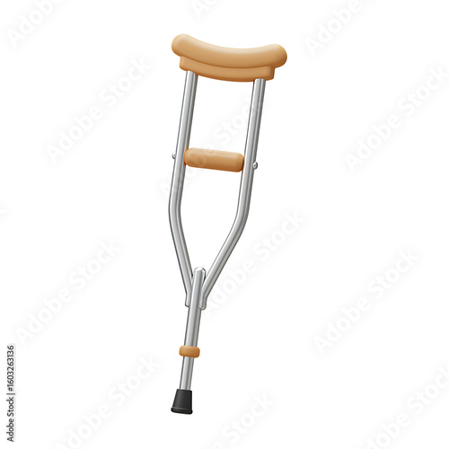 A single aluminum underarm crutch with tan padding, providing support and mobility for recovery.