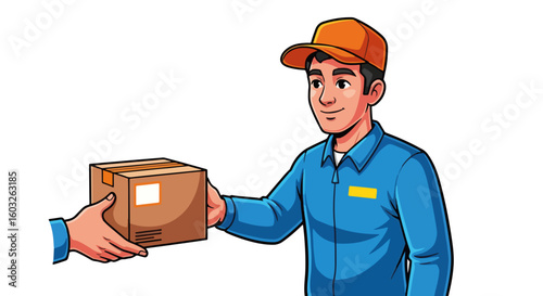 Fast delivery concept with courier handing over package, quick and secure shipping. Delivery service worker in uniform delivering cardboard box, promoting express shipment solutions.