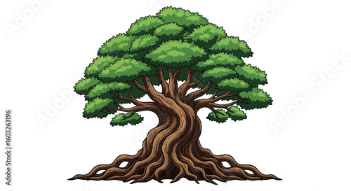 Stylized illustration of a mighty ancient tree of life with a gnarled trunk, sprawling roots, and a lush green canopy, isolated.