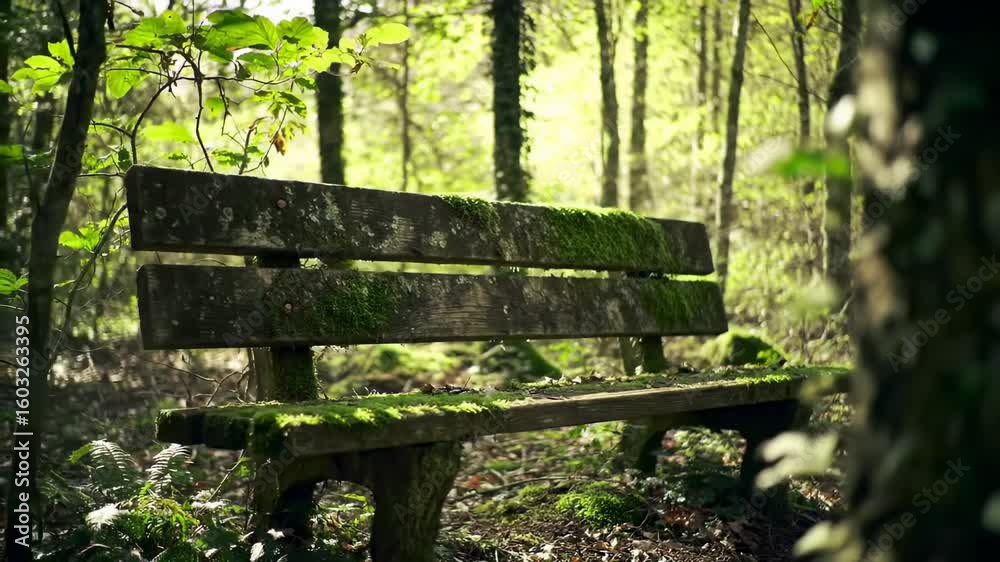 Mossy wooden bench in a sunlit forest Mossy wooden bench in a sunlit forest