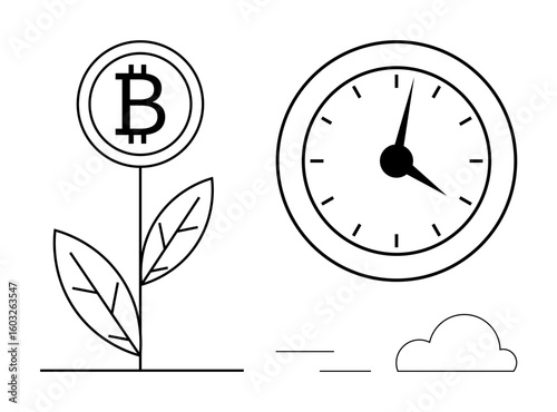Bitcoin growing plant paired with a clock, highlighting value cultivation, timing, and growth. Ideal for cryptocurrency, digital investment, financial planning, innovation, economic trends patience